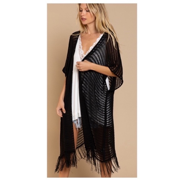 New POL Black Loose Rib Knit Cardigan/Kimono With Fringe Hem - Picture 7 of 11